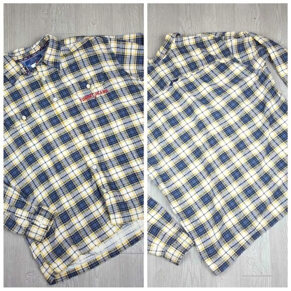 Vintage Tommy Hilfiger Tommy Jeans Long Sleeve Plaid Flannel Spell Out Pocket - Picture 1 of 11